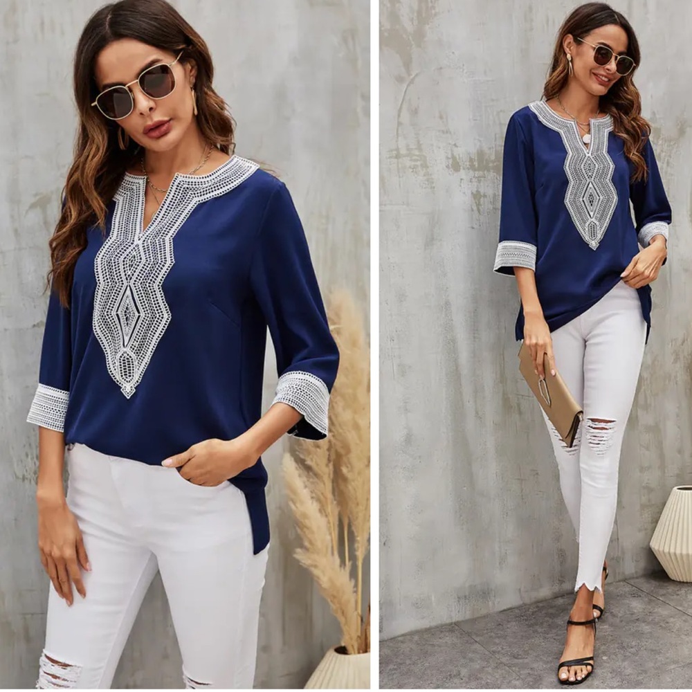 Summer Tunic Ethnic Boho Print V-Neck Blue & White Top - Size XL or L